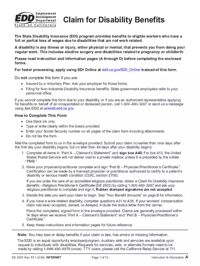 Claim for Disability Benefits (DE 2501 Rev 81 1 (2-24)) Preview on Page 1
