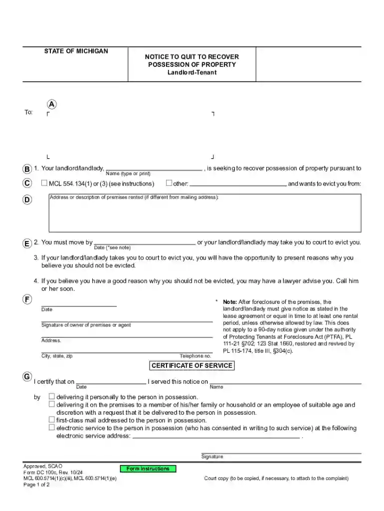 State of Michigan Notice To Quit To Recover Possession Preview on Page 1
