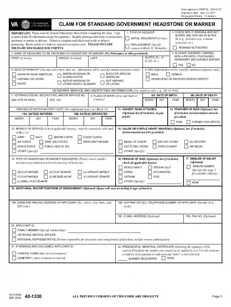 VA Form 40-1330, CLAIM FOR STANDARD GOVERNMENT HEADSTONE OR MARKER CLAIM FOR STANDARD GOVERNMENT HEA Preview on Page 1