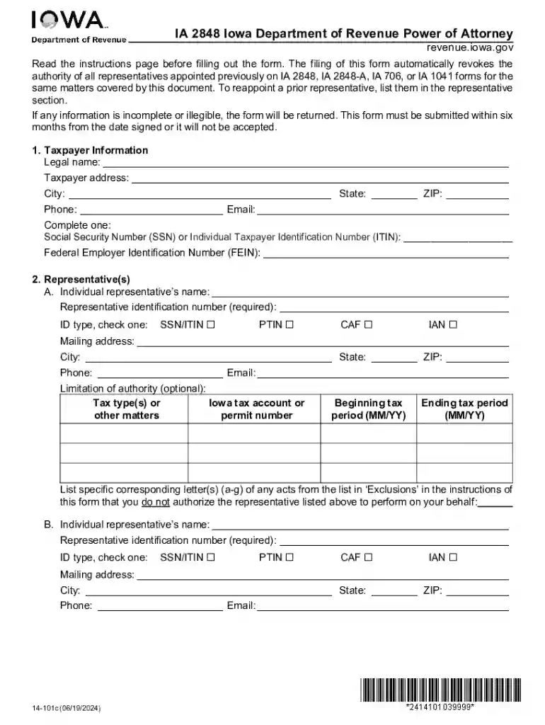 Free IA 2848 Iowa Department of Revenue Power of Attorney Preview on Page 1