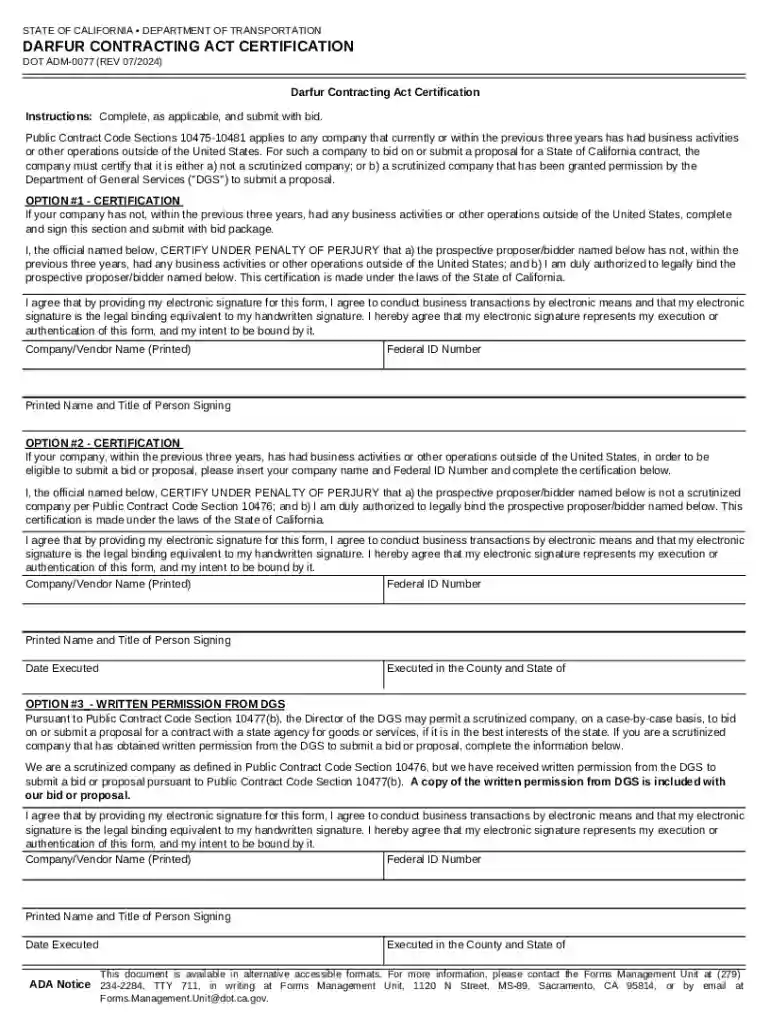 DOT ADM-0077: Darfur Contracting Act Certification Preview on Page 1