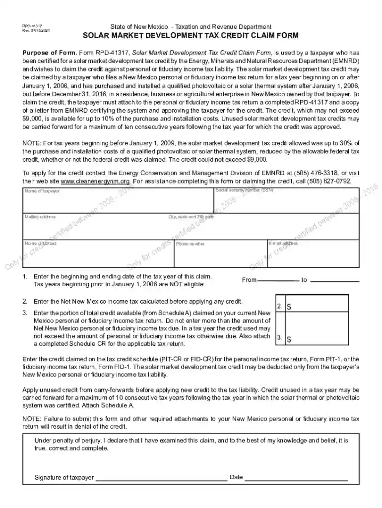 New Solar Market Development Tax Credit Claim Form Preview on Page 1