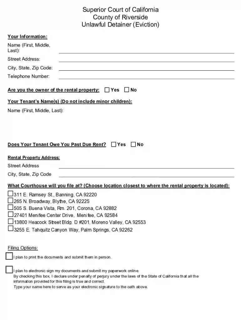 Unlawful Detainer Riverside County - Fill Online, Printable Preview on Page 1