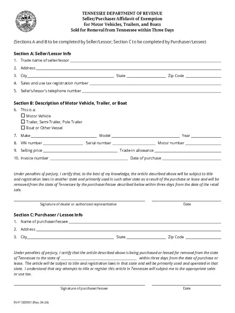 Seller Purchaser Affidavit of Exemption - Sold for Removal from Tennessee within Three Days Preview on Page 1