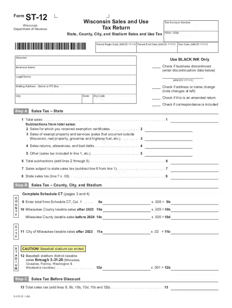 January 2024 S-012 ST-12 Wisconsin Sales and Use Tax Return - State, County, City, and Stadium Sales Preview on Page 1
