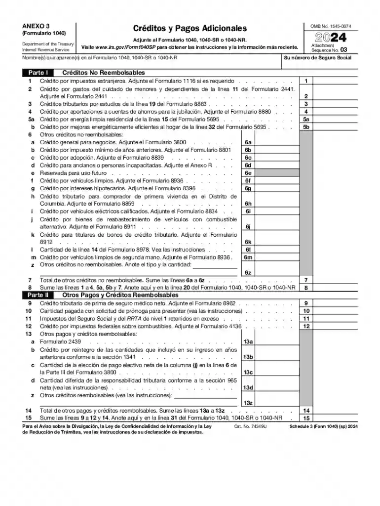 2024 SCHEDULE 3 (Form 1040) (sp) Additional Credits and Payments (Spanish Version) Preview on Page 1