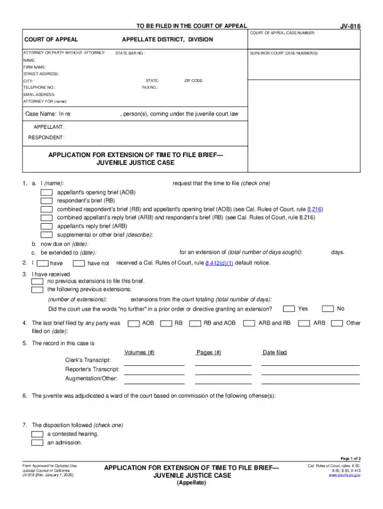 JV-816 Application for Extension of Time to File Brief (Juvenile Preview on Page 1