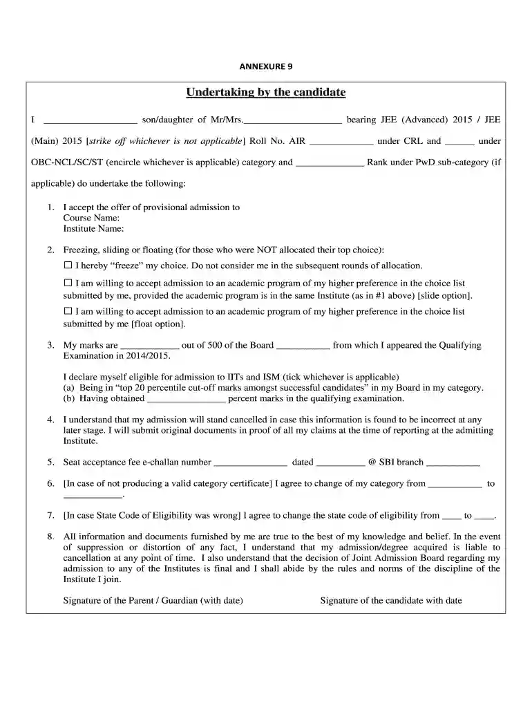 candidate undertaking josaa Preview on Page 1