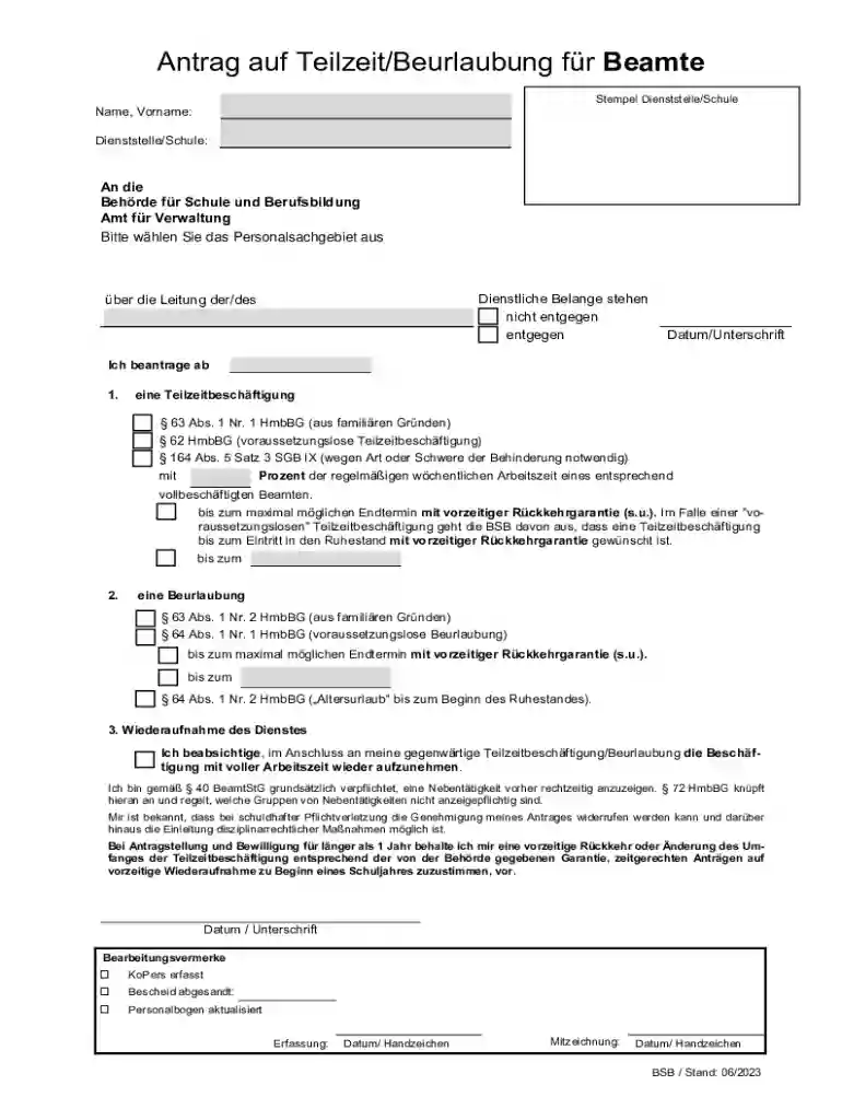 Antrag auf Teilzeit Beurlaubung fr Beamte Preview on Page 1