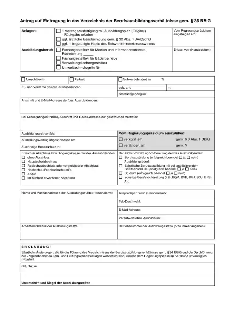 Antrag Auf Eintragung in Das Verzeichnis Der Berufsausbildungsverh ltnisse Preview on Page 1