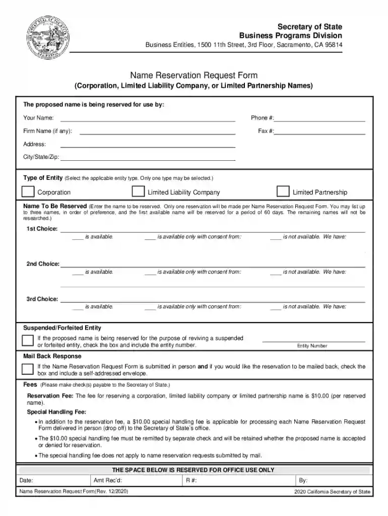 name, complete the enclosed Name Reservation Request Form, attach a check in the Preview on Page 1
