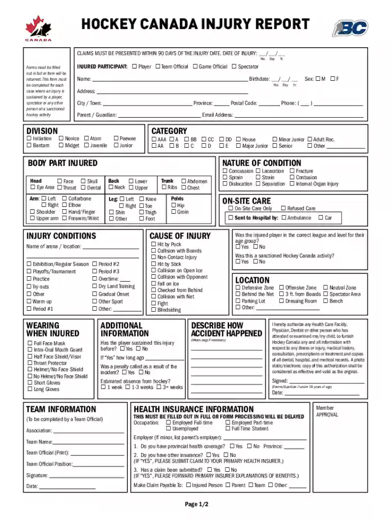 Hockey Canada Injury Report Form Preview on Page 1