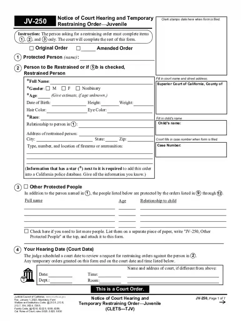 JV-250 Notice of Court Hearing and Temporary Judicial Council forms Preview on Page 1