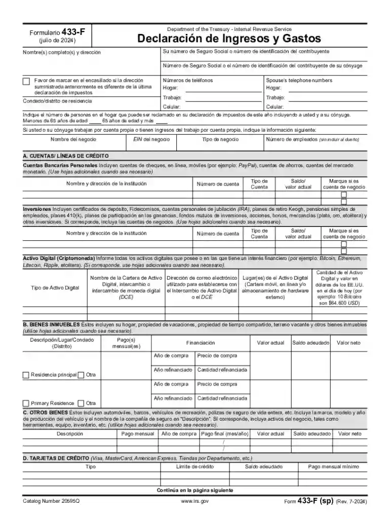 Form 433-F (sp) (Rev 7-2024) Collection Information Statement (Spanish Version) Preview on Page 1
