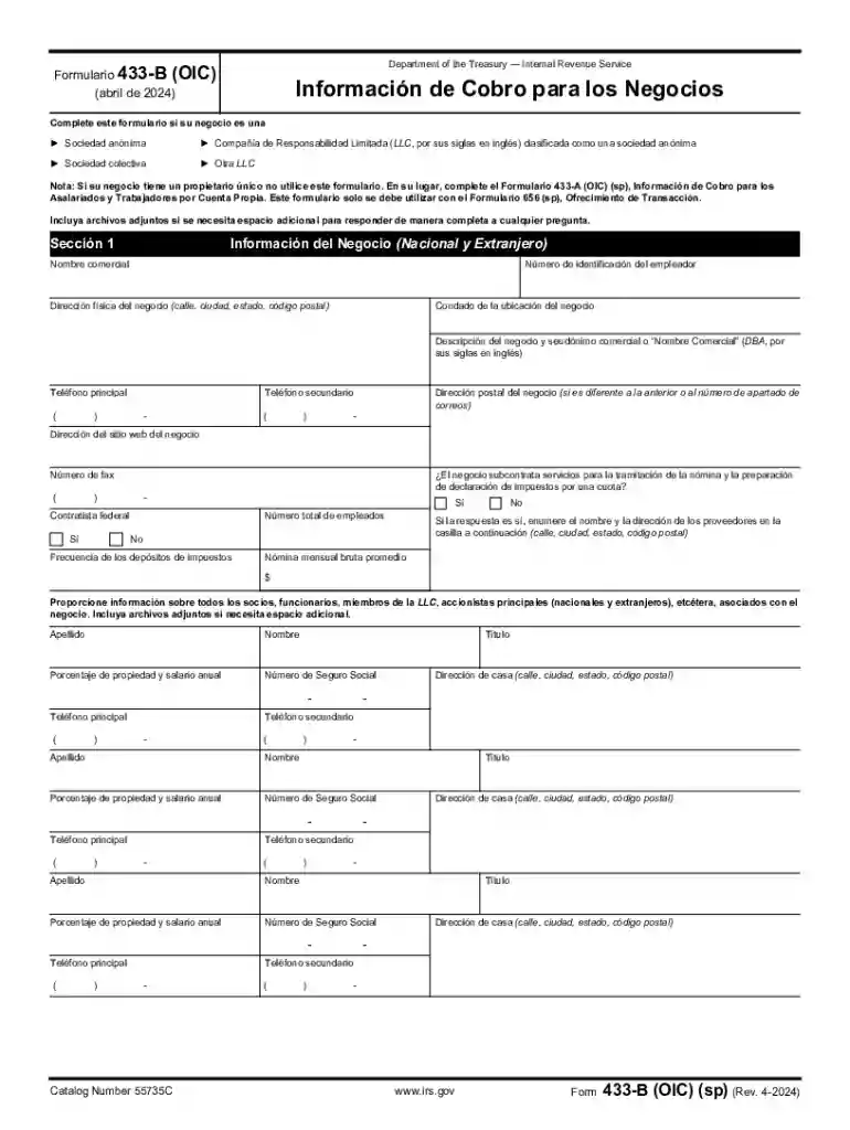 Form 433-B, Collection Information Statement for Businesses Preview on Page 1