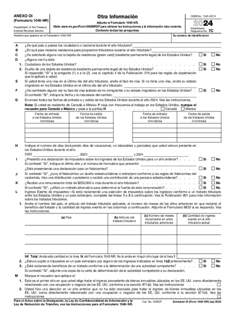 2024 Schedule OI (Form 1040-NR) (sp) Other Information (Spanish Version) Preview on Page 1
