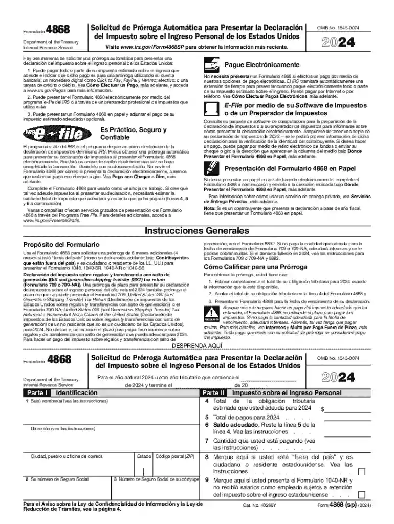 2024 Form 4868 (sp) Application for Automatic Extension of Time To File U S Individual Income Tax Re Preview on Page 1