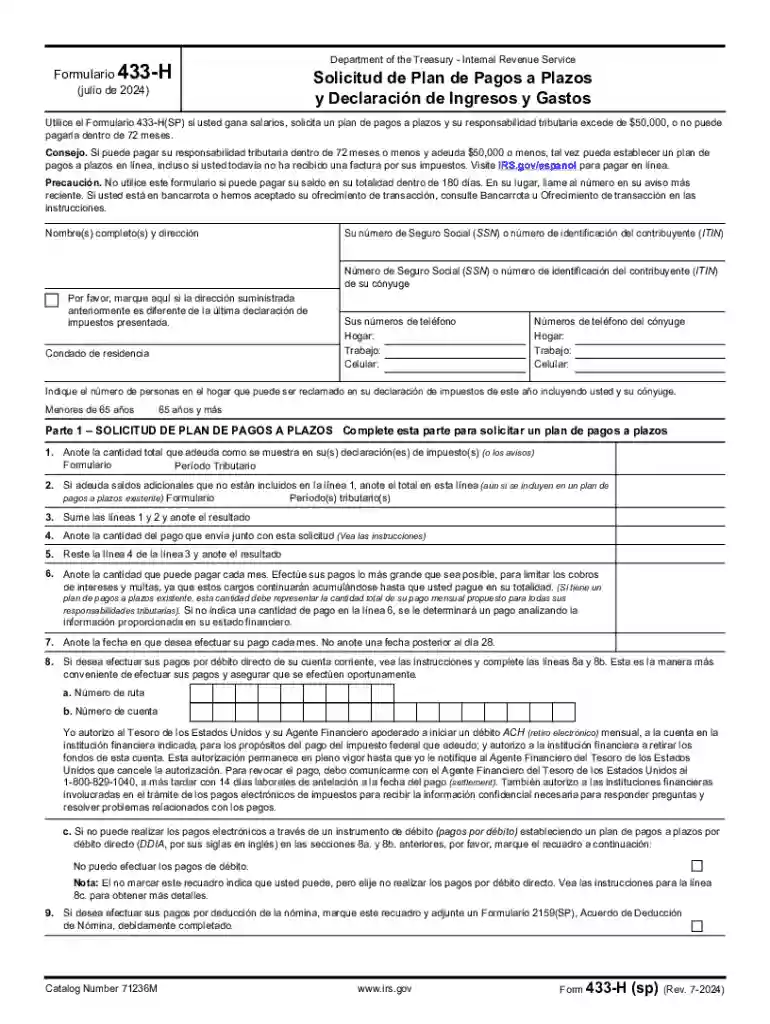 Form 433-H (sp) (Rev 7-2024) Installment Agreement Request and Collection Information Statement (Spa Preview on Page 1