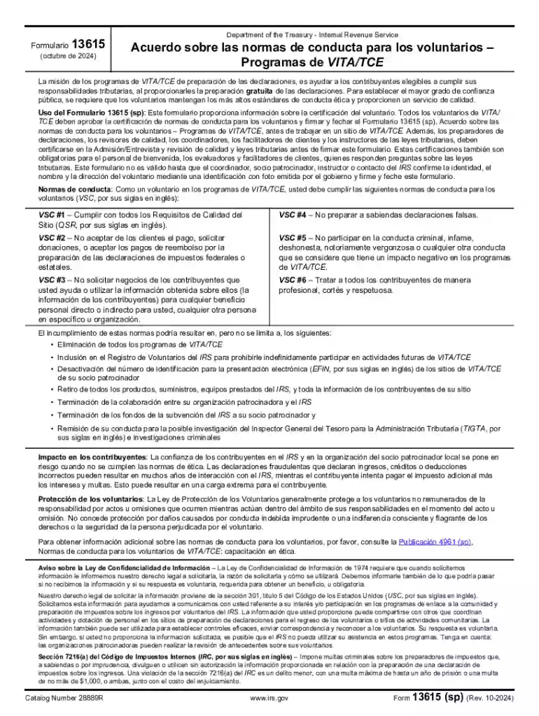 Form 13615 (sp) (Rev 10-2024) Volunteer Standards of Conduct AgreementVITA TCE Programs (Spanish Ver Preview on Page 1