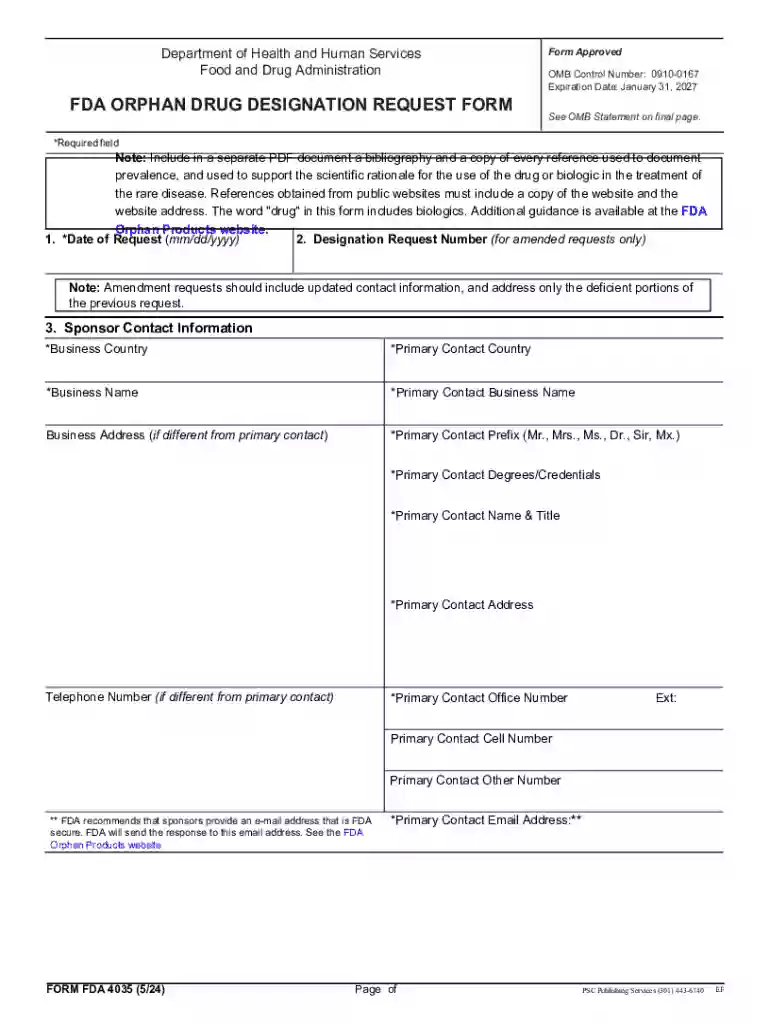 orphan designation fda 4035 form Preview on Page 1