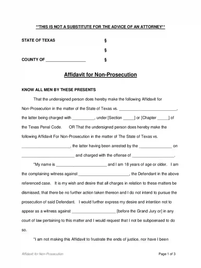 Affidavit for Non-Prosecution Preview on Page 1