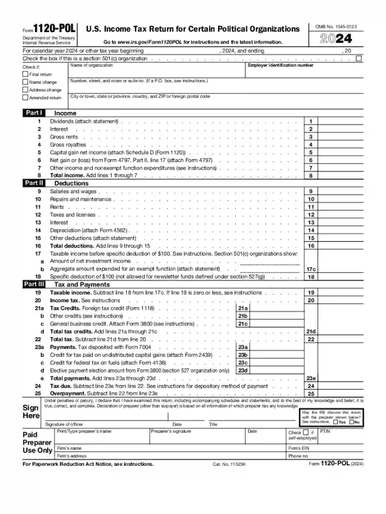 2024 Form 1120-POL U S Income Tax Return for Certain Political Organizations Preview on Page 1