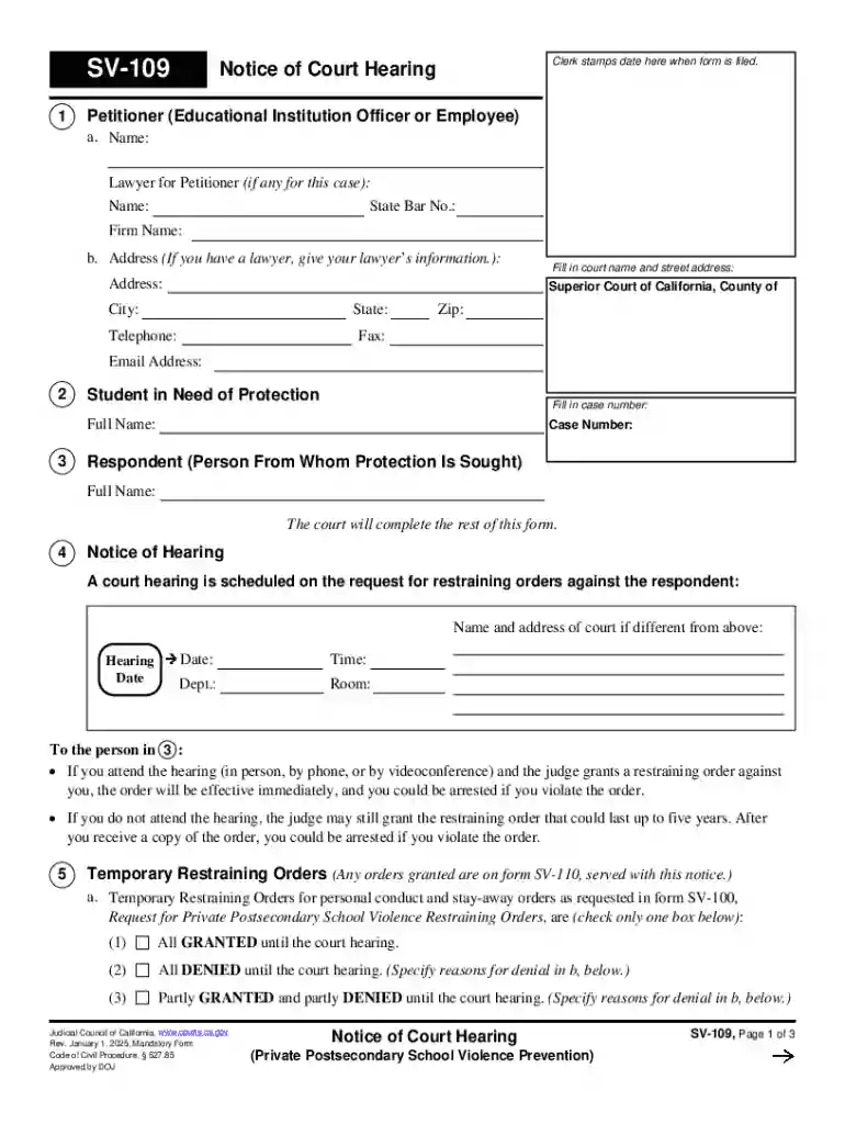 California SV-109 Notice of Court Hearing Preview on Page 1