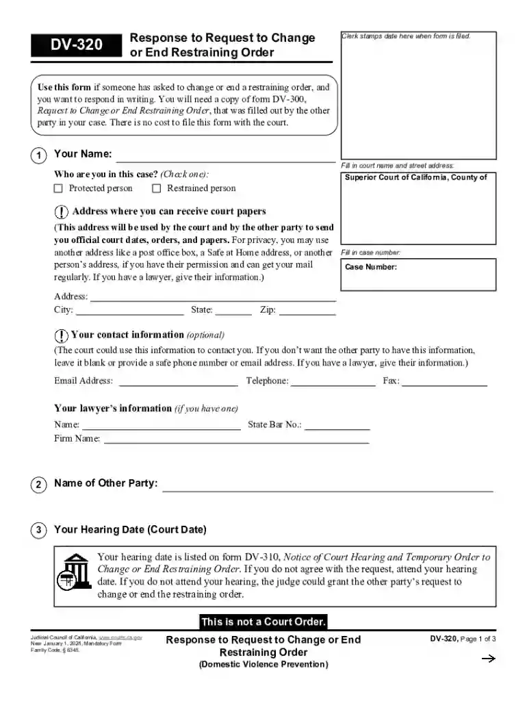 DV-320 Response to Request to Change or End Restraining Order (Domestic Violence Prevention) Judicia Preview on Page 1