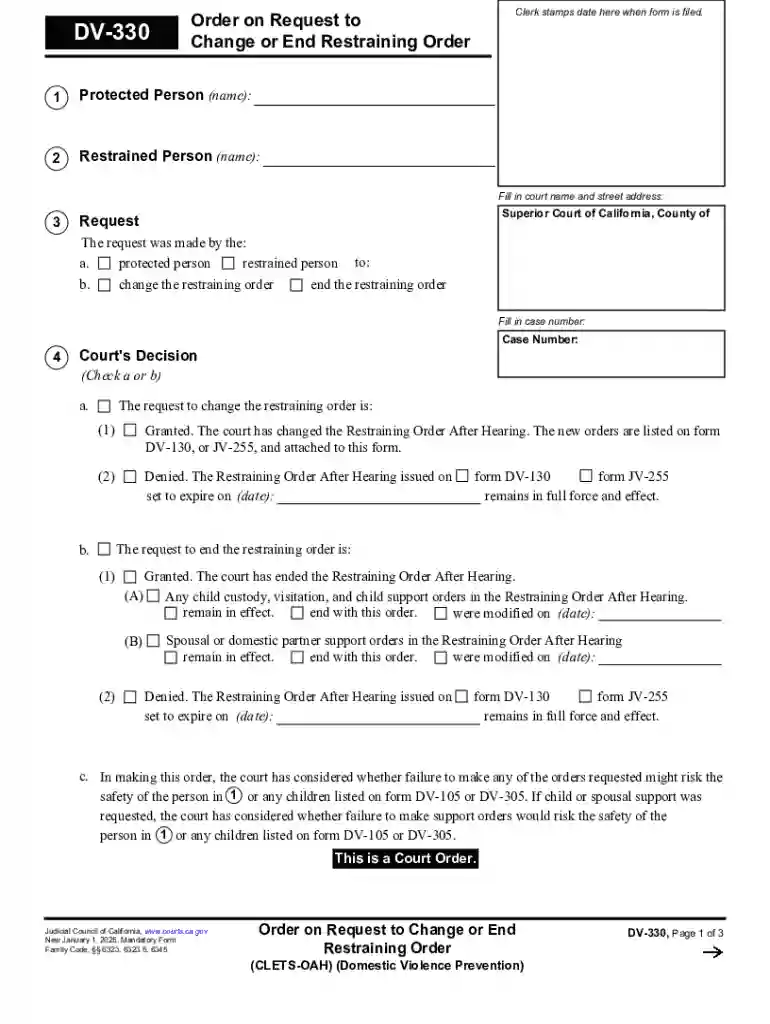 DV-330 Order on Request to Change or End Restraining Order Judicial Council forms Preview on Page 1