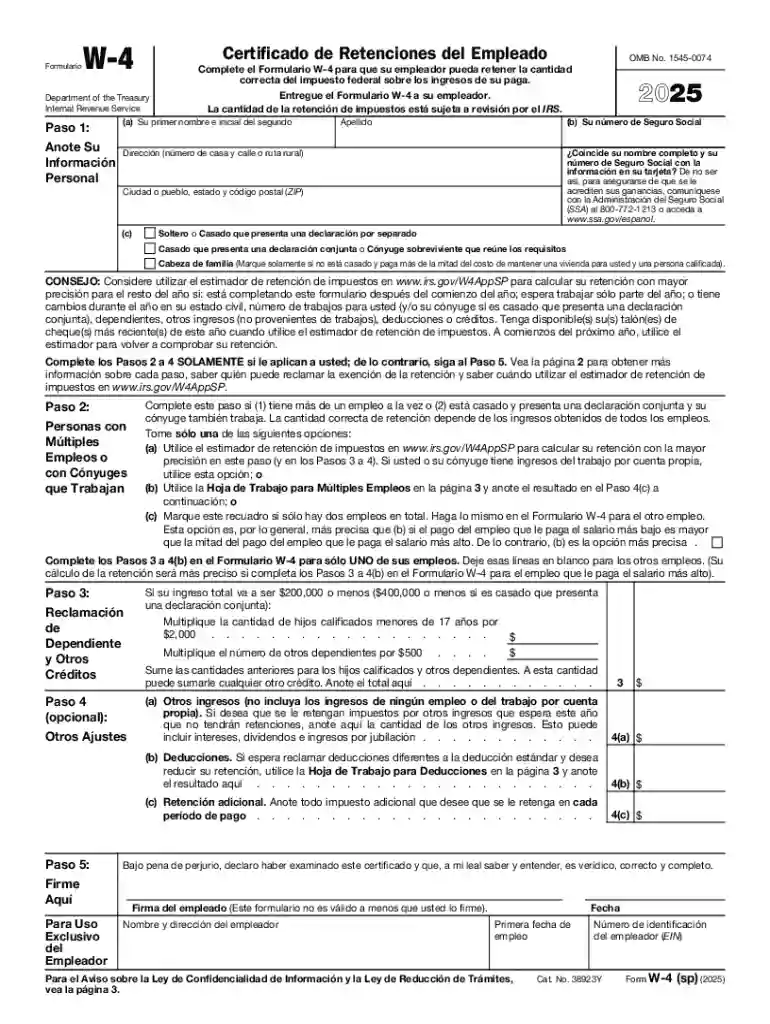 2025 Form W-4 (sp) Employee's Withholding Certificate (Spanish Version) Preview on Page 1