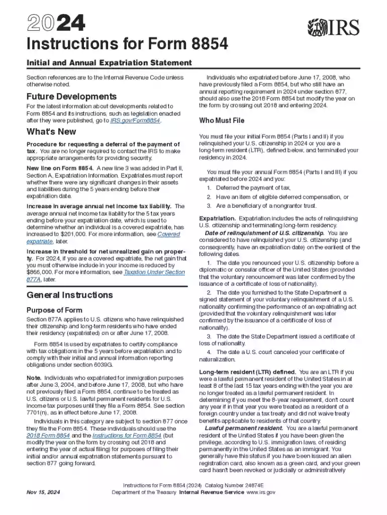 2024 Instructions for Form 8854 Instructions for Form 8854, Initial and Annual Expatriation Statemen Preview on Page 1