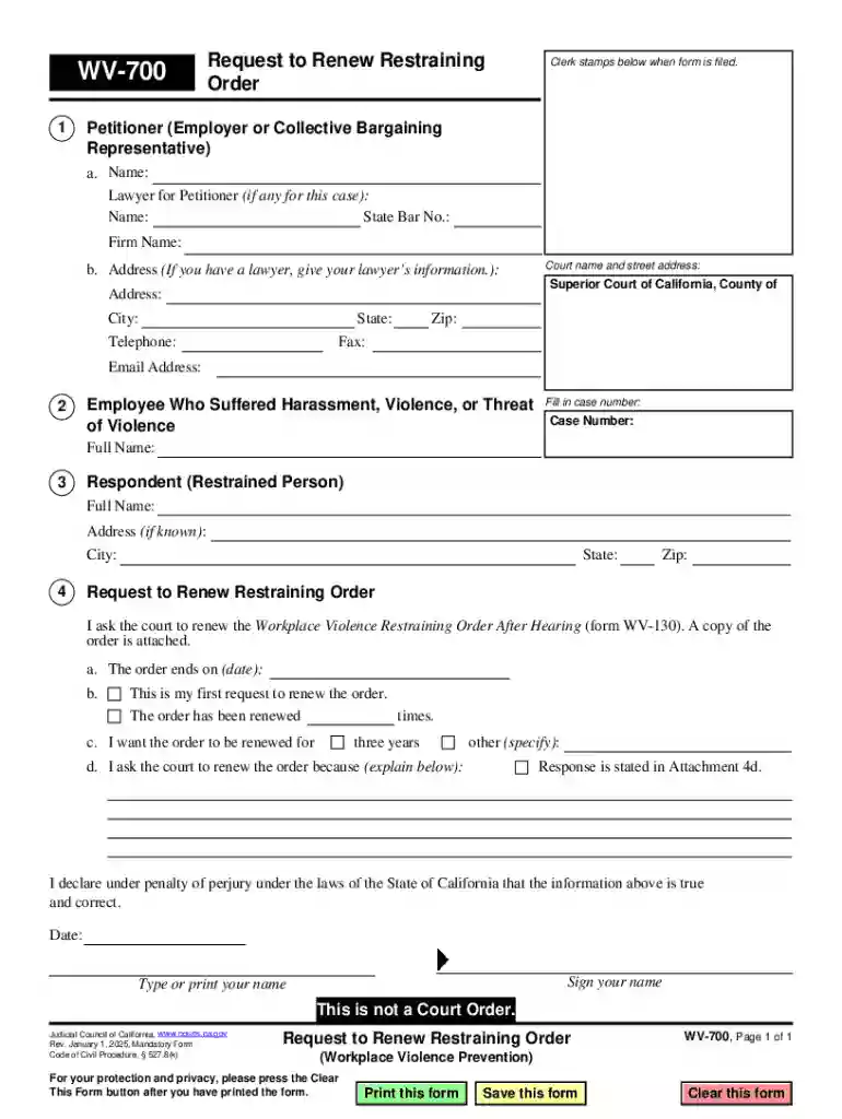 WV-700 Request to Renew Restraining Order (Workplace Violence Prevention) Judicial Council forms Preview on Page 1