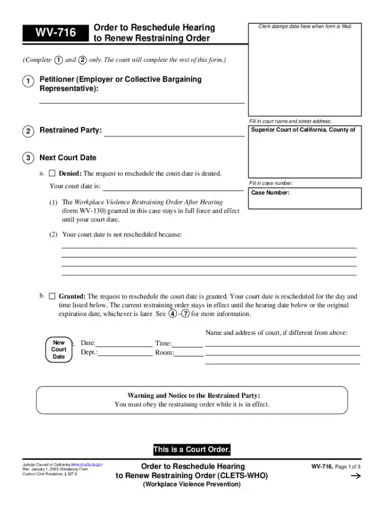 WV-716 Order to Reschedule Hearing to Renew Restraining Order (CLETS-WHO) (Workplace Violence Preven Preview on Page 1