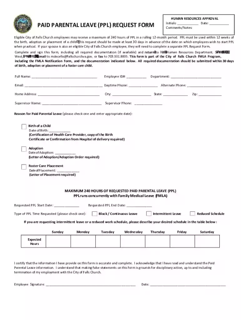 PAID PARENTAL LEAVE (PPL) REQUEST FORMFalls Church, VA Preview on Page 1