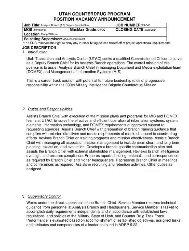 Utah Counterdrug Program Position Vacancy Announcement Preview on Page 1