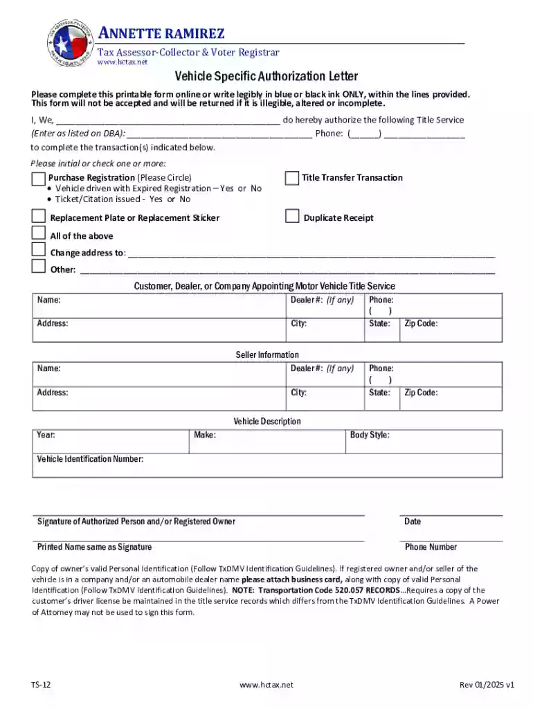 Vehicle Specific Authorization Letter Preview on Page 1