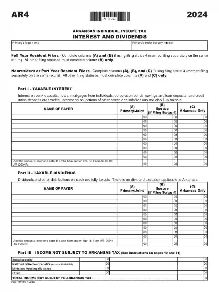 Arkansas Individual Income Tax Form AR4 2024 Preview on Page 1