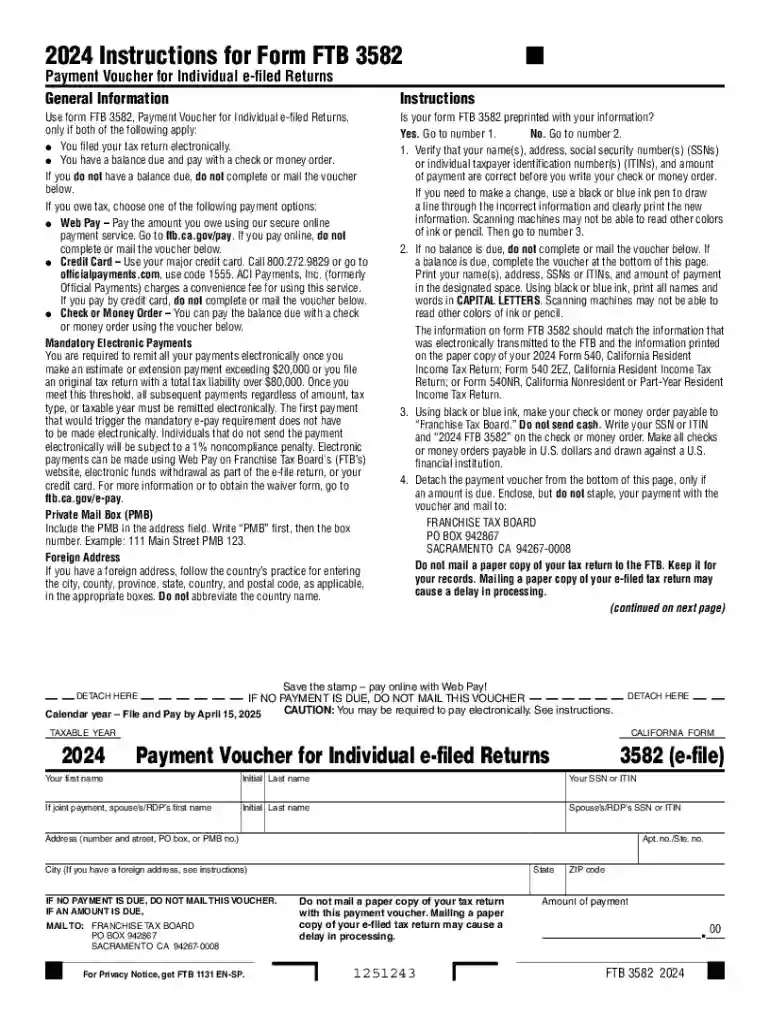 2024 Form FTB 3582Payment Voucher for Individual e-filed Returns 2024 Form FTB 3582Payment Voucher f Preview on Page 1