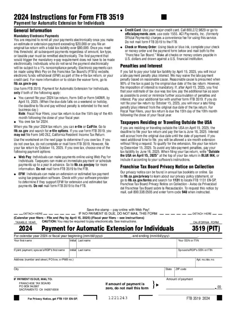 Form FTB 3519 Automatic Extension Payment Instructions Preview on Page 1