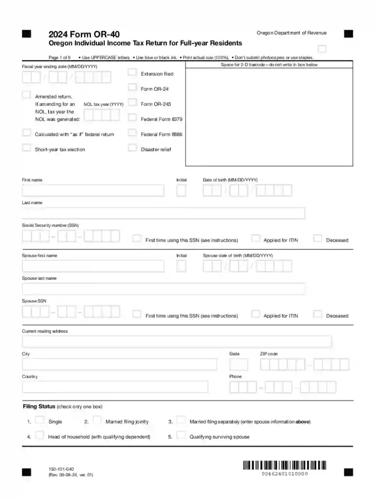 2024 Form OR-40, Oregon Individual Income Tax Return for Full Preview on Page 1