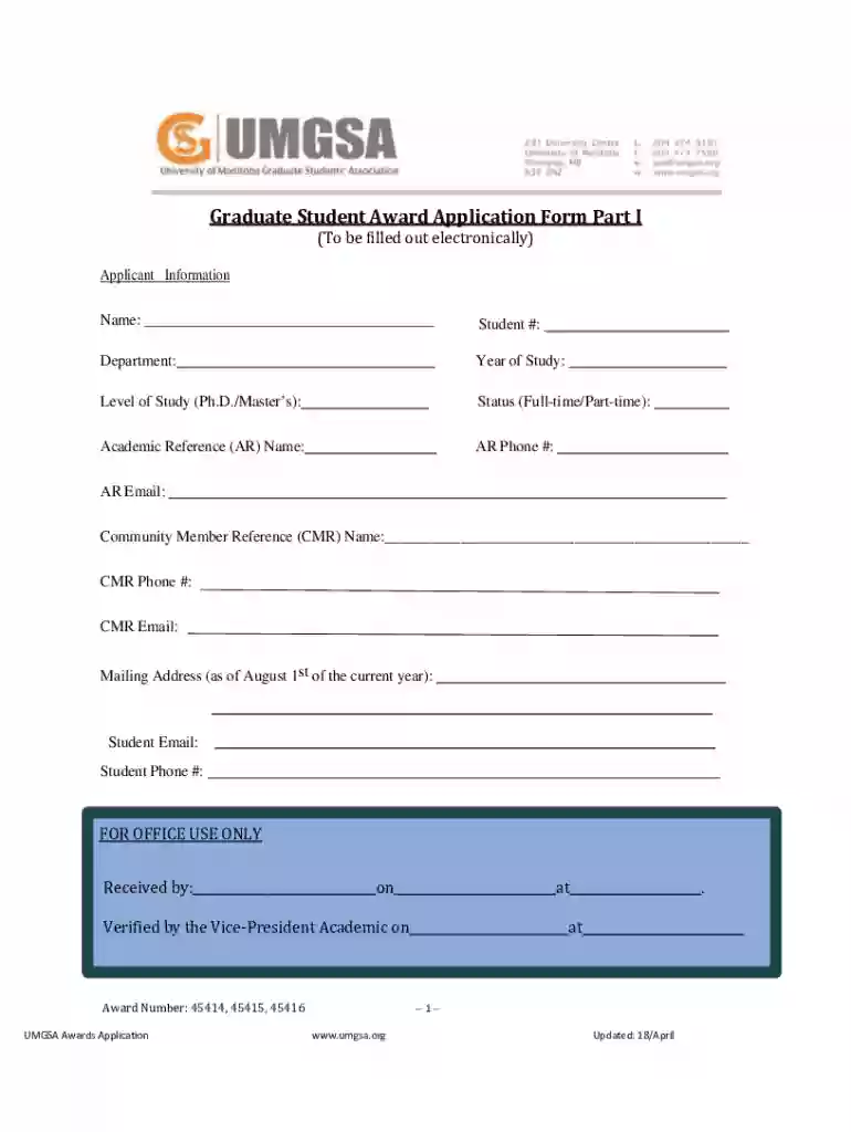Graduate Student Award Application Form Part I Preview on Page 1