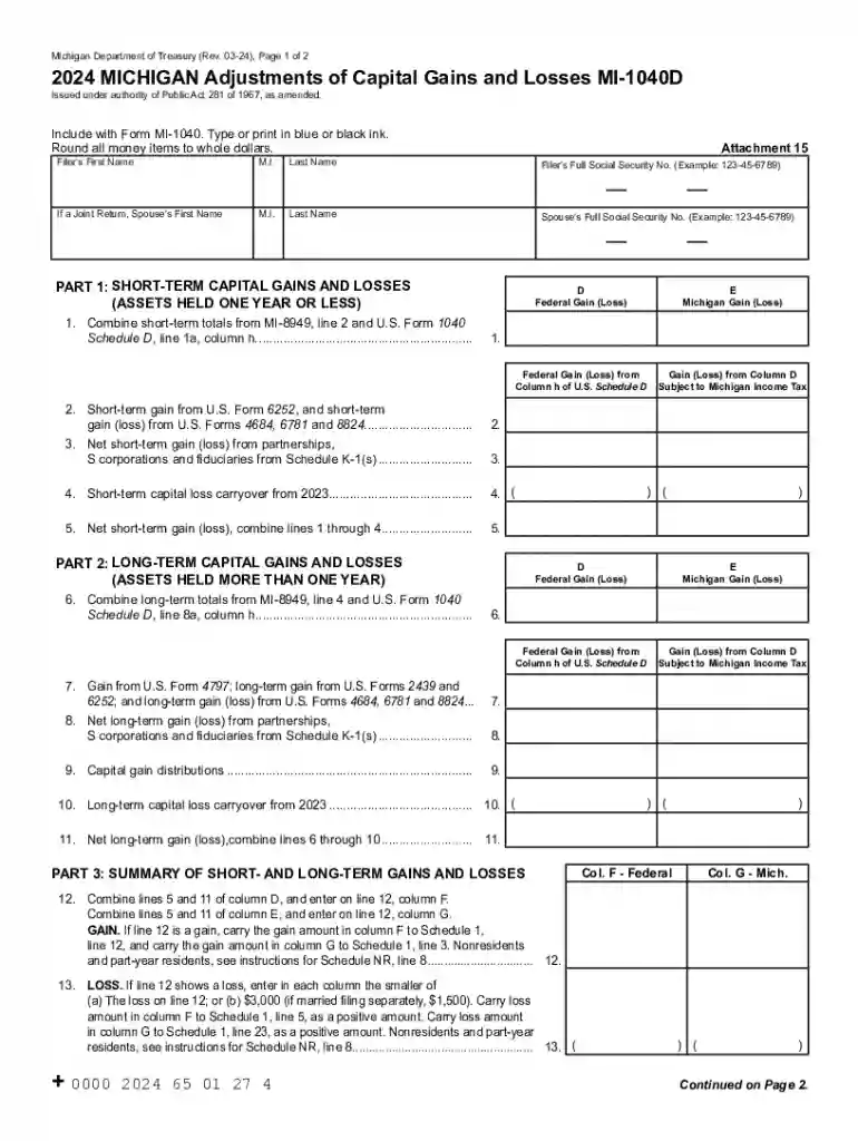 2024 MICHIGAN Adjustments of Capital Gains and Losses MI-1040D Preview on Page 1