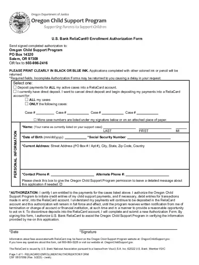 U S Bank ReliaCard Enrollment Authorization Form (CSF 080700B) Preview on Page 1
