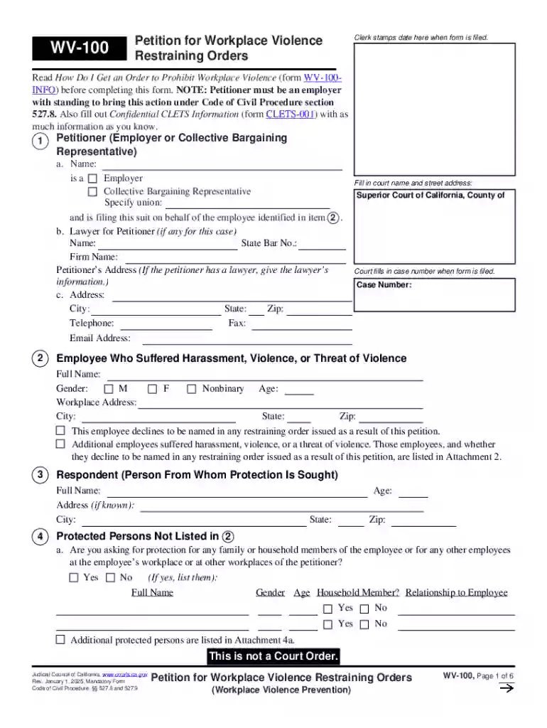 Read How Do I Get an Order to Prohibit Workplace Violence (form WV-100INFO) before completing this f Preview on Page 1