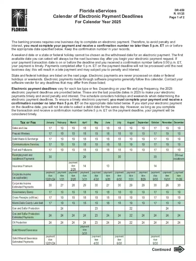 Florida DR-659 Electronic Payment Deadlines 2025 Preview on Page 1