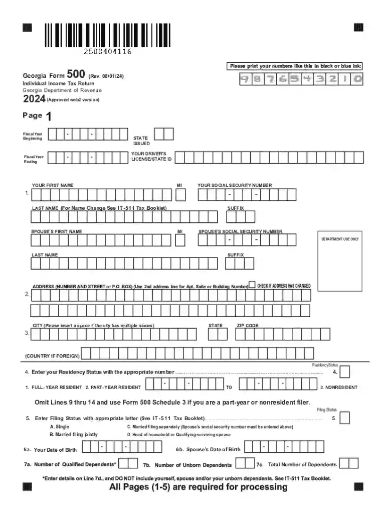 Georgia Form 500 Individual Income Tax Return Preview on Page 1