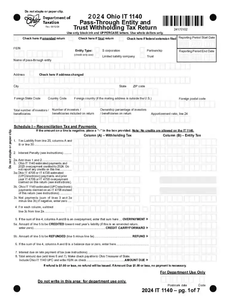 2024 Ohio IT 1140 Pass-Through Entity and Trust Withholding Tax Return Preview on Page 1