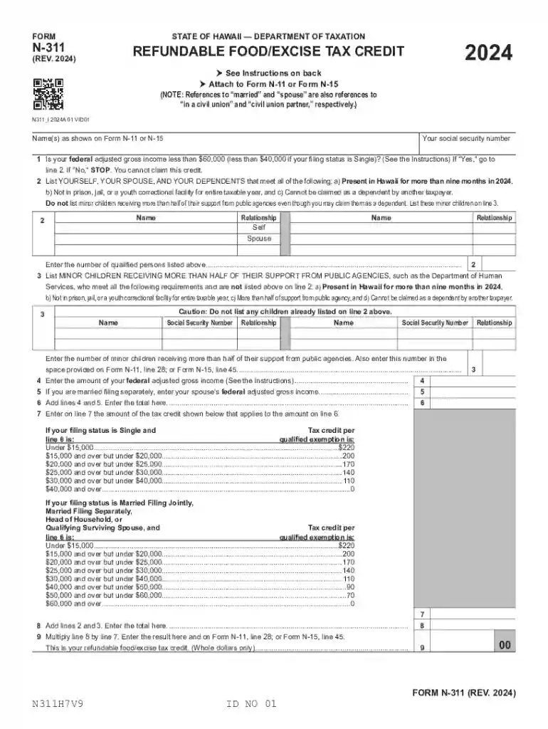 Form N-311, Rev 2024, Refundable Food Excise Tax Credit Preview on Page 1