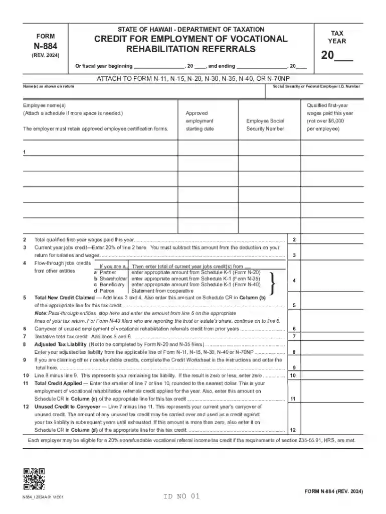 Form N-884, Rev 2024: Credit for Employment of Vocational Rehabilitation Referrals Preview on Page 1
