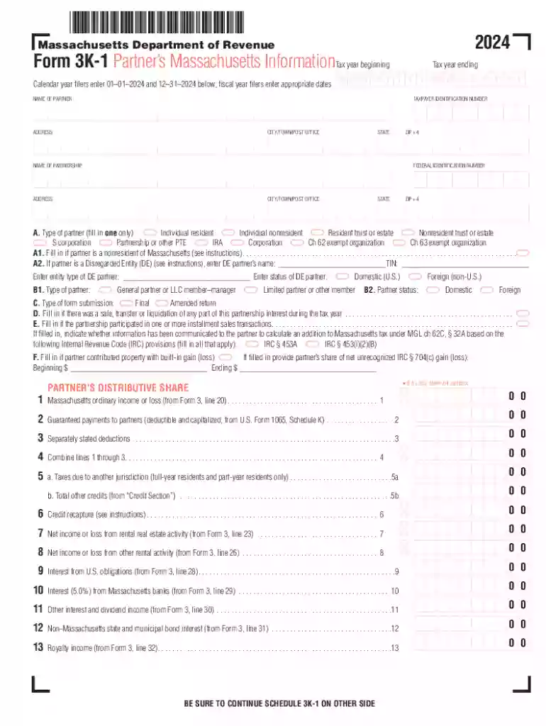 Massachusetts Form 3K-1 Partner s Information Preview on Page 1